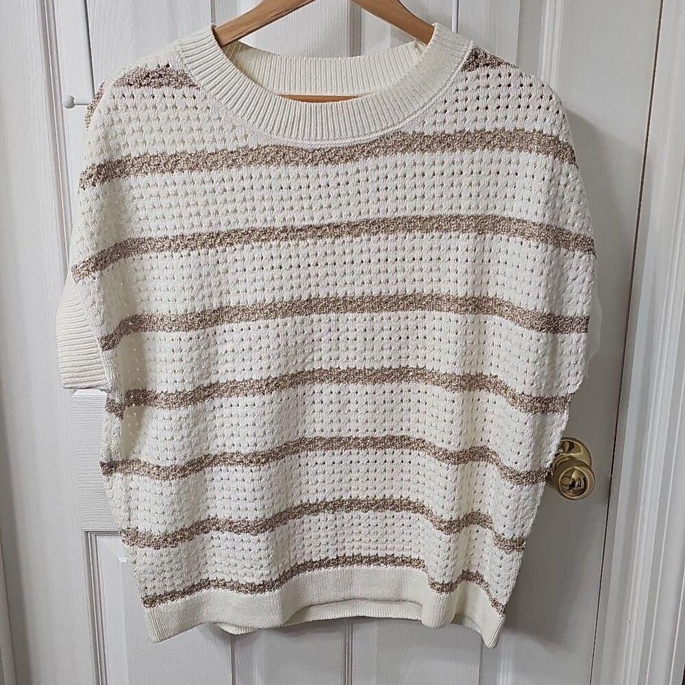 Cato Cream and Gold Metallic Striped Open Knit Short Sleeve Sweater Size L
